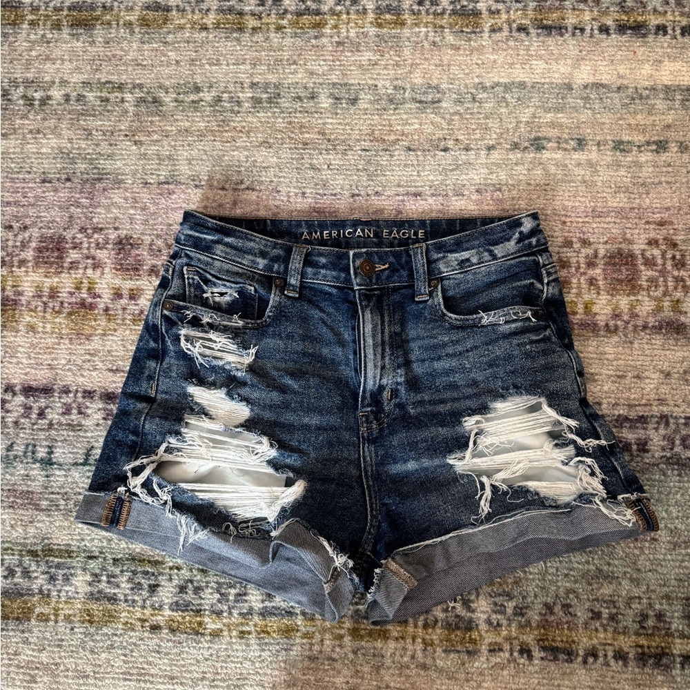 American Eagle Outfitters Women's Distressed Jean Shorts - Dark Blue
